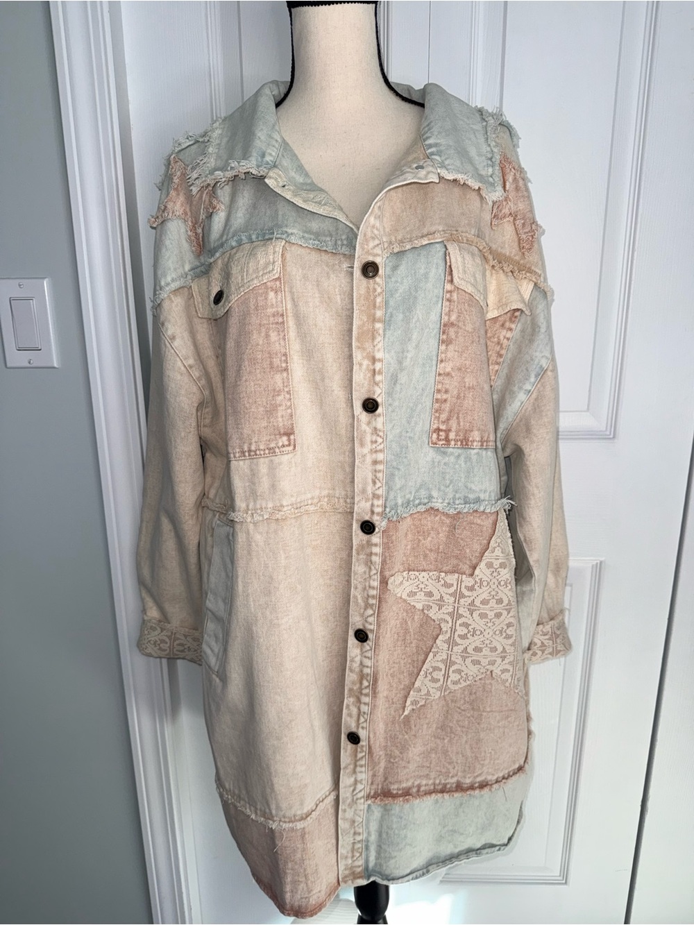 Oli & Hali Multi-Color Pastel Patchwork Denim Jacket Large Lace Star Distressed